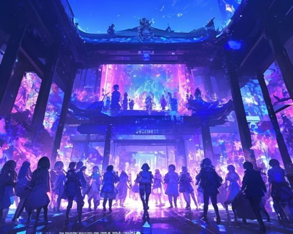 琉璃神社acg平台展示——绚丽二次元动漫角色群像在蓝紫渐变光效下呈现，画面充满次元感与艺术张力
