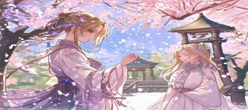 精美同人插画展示——二次元少女角色在樱花飘落场景中，线条细腻色彩温柔，同人创作精选，琉璃神社acg